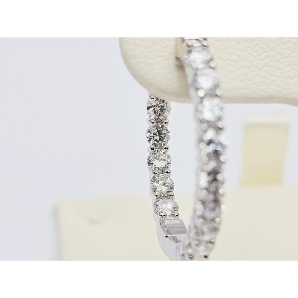 Unique 14K Karat Solid White Gold Designer Double Diamond Round Hoop Earrings